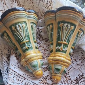 Majolica Inspired Crazed Mustard Yellow Moss Green Double Sconces